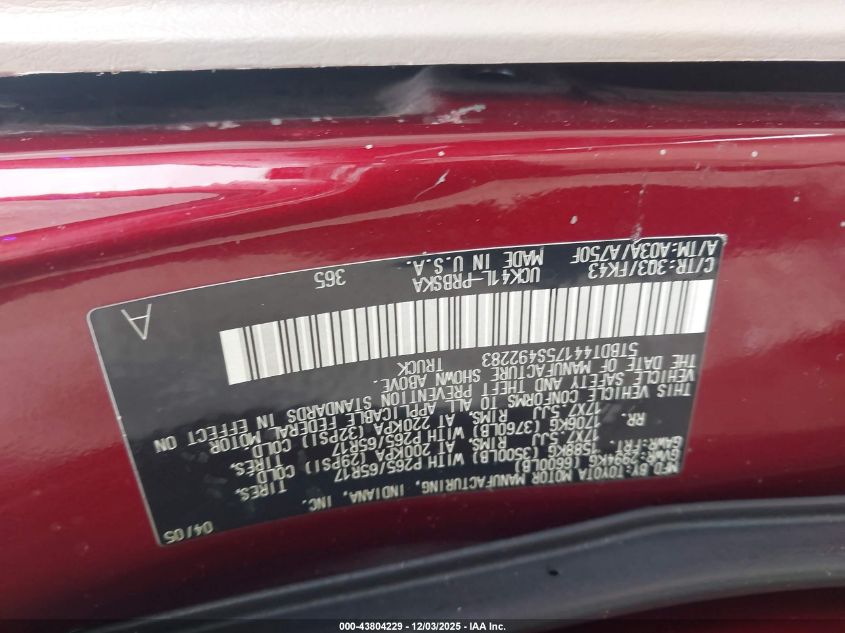 2005 Toyota Tundra Sr5 V8 VIN: 5TBDT44175S492283 Lot: 43804229