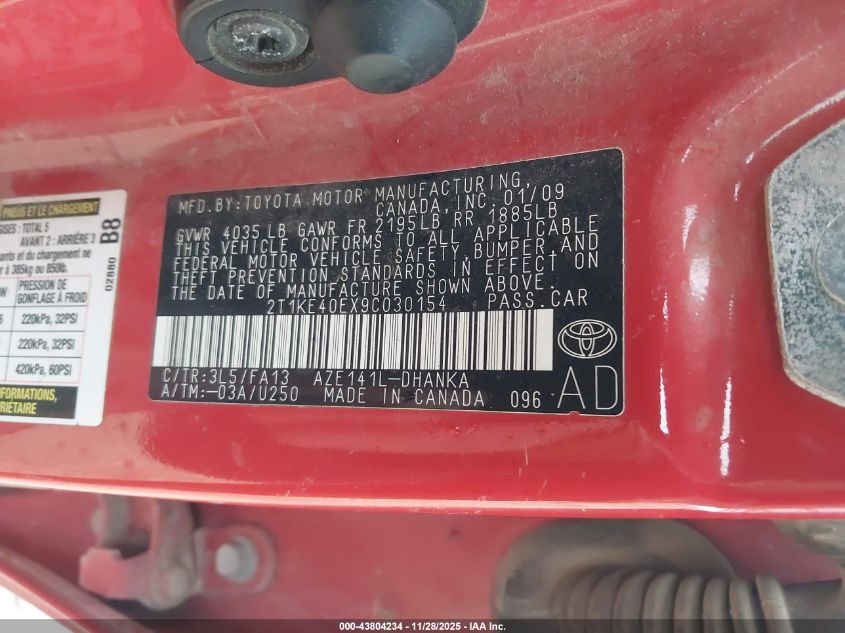 2009 Toyota Matrix S VIN: 2T1KE40EX9C030154 Lot: 43804234