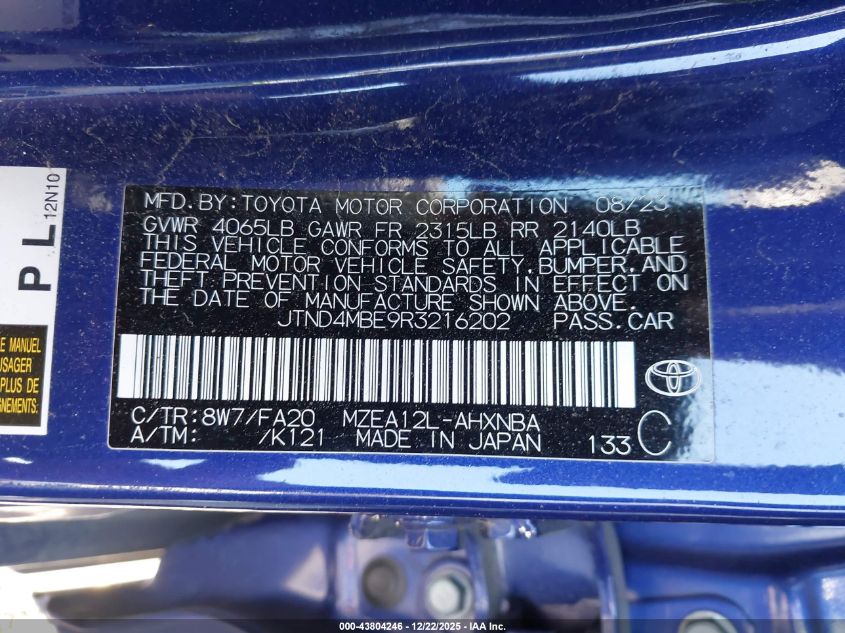 2024 Toyota Corolla Se VIN: JTND4MBE9R3216202 Lot: 43804246