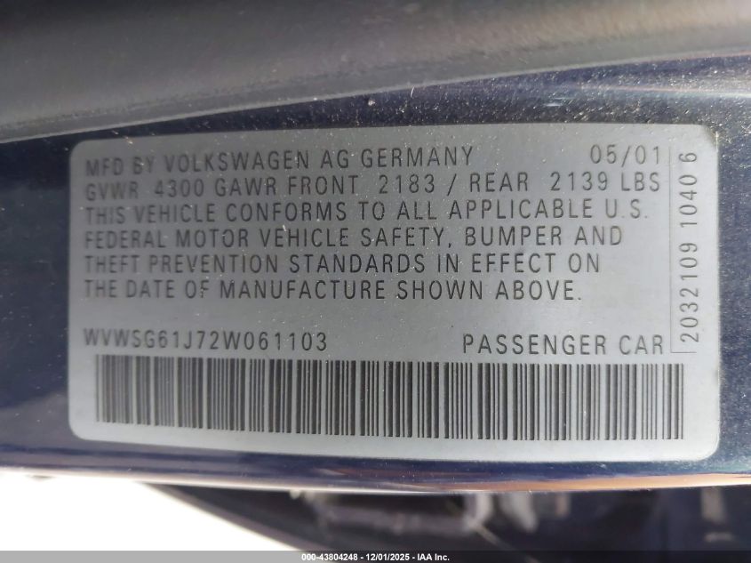 2002 Volkswagen Golf VIN: WVWFG61J72W061103 Lot: 43804248