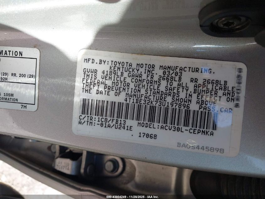 2003 Toyota Camry Le VIN: 4T1BE32K73U197896 Lot: 43804249