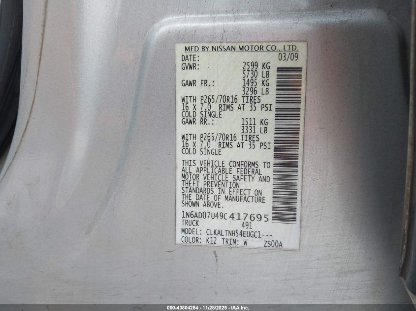 2009 Nissan Frontier Se VIN: 1N6AD07U49C417695 Lot: 43804254