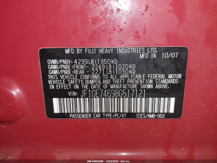 2008 Subaru Impreza Wrx VIN: JF1GE74698G517121 Lot: 43804269