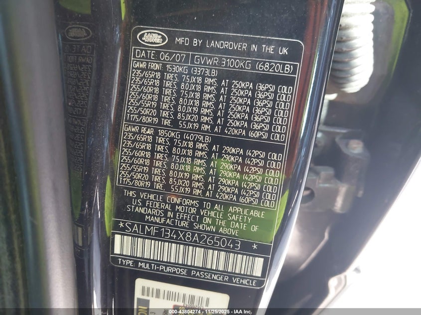 2008 Land Rover Range Rover Supercharged VIN: SALMF134X8A265043 Lot: 43804274