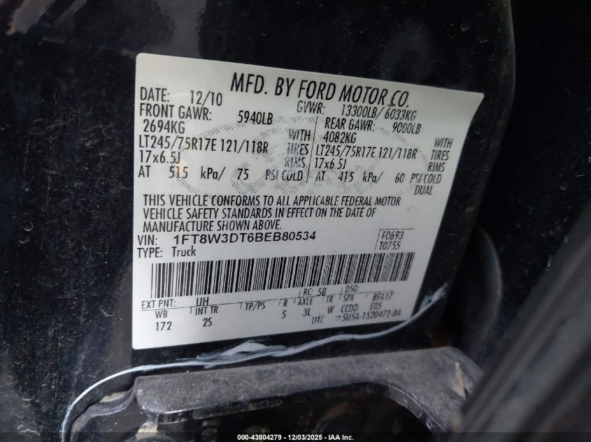 2011 Ford F-350 Xlt VIN: 1FT8W3DT6BEB80534 Lot: 43804279