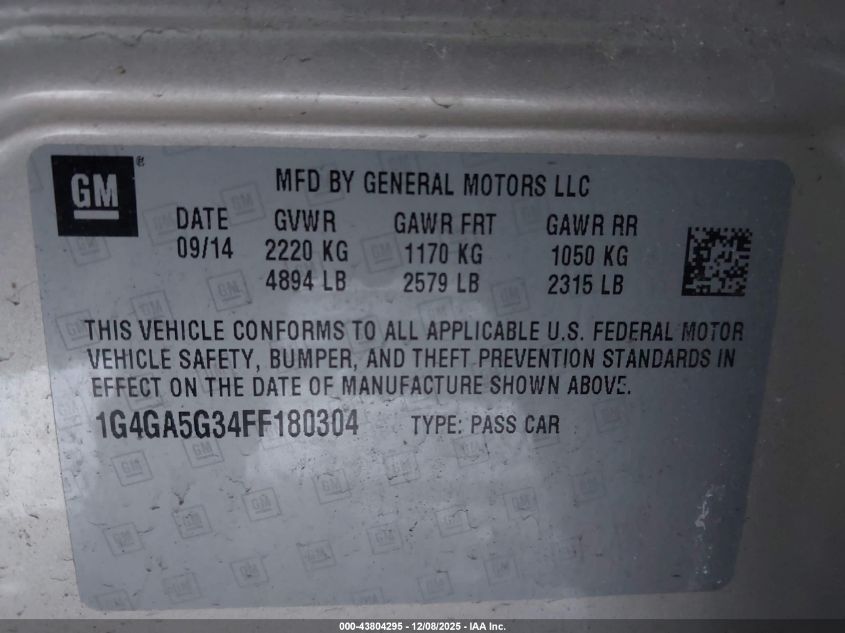 2015 Buick Lacrosse VIN: 1G4GA5G34FF180304 Lot: 43804295