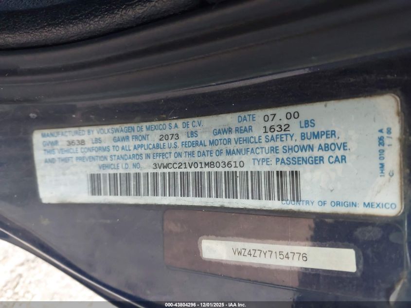 2001 Volkswagen Cabrio Gls VIN: 3VWCC21V01M803610 Lot: 43804296