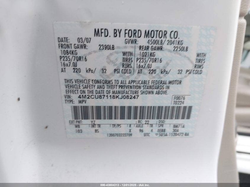 2008 Mercury Mariner Premier VIN: 4M2CU87118KJ08247 Lot: 43804313