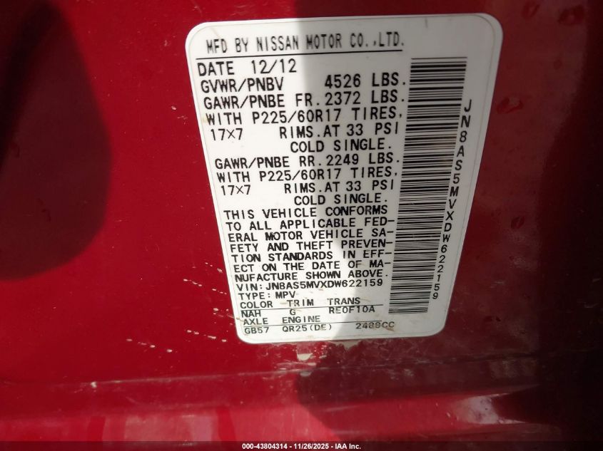 2013 Nissan Rogue Sv VIN: JN8AS5MVXDW622159 Lot: 43804314