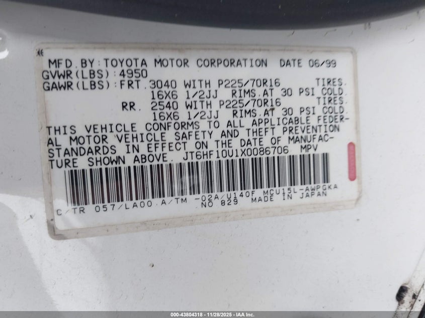 1999 Lexus Rx 300 VIN: JT6HF10U1X0086706 Lot: 43804318