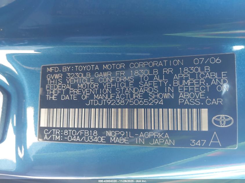 2007 Toyota Yaris VIN: JTDJT923875065294 Lot: 43804320