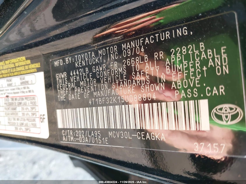 2005 Toyota Camry Xle V6 VIN: 4T1BF32K15U088804 Lot: 43804324