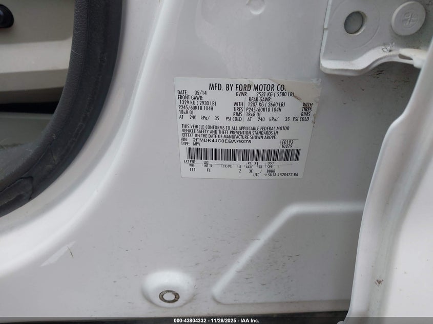 2014 Ford Edge Sel VIN: 2FMDK4JC0EBA79375 Lot: 43804332