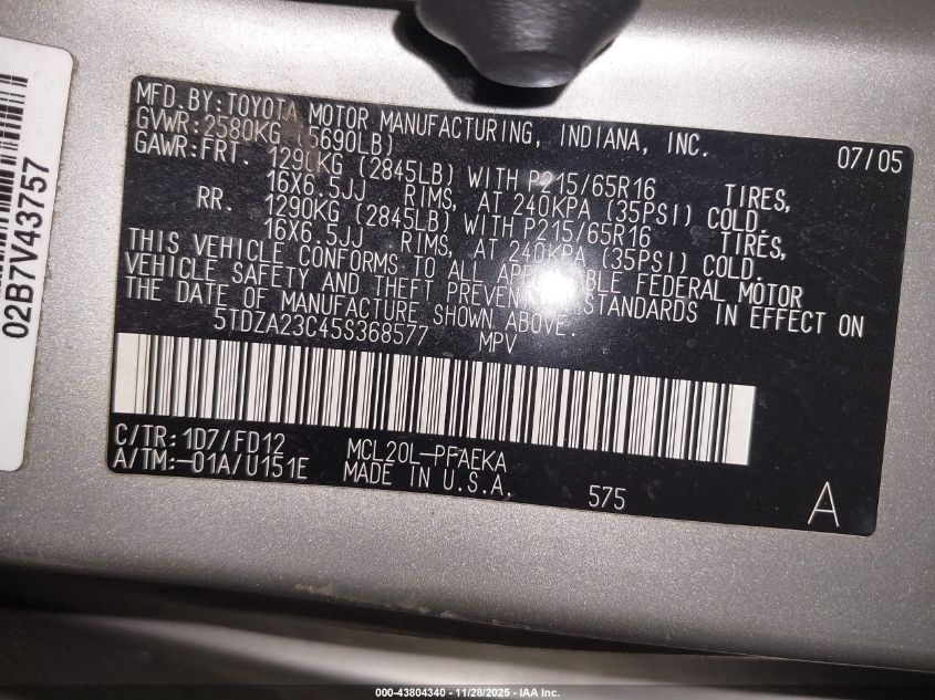 2005 Toyota Sienna Ce VIN: 5TDZA23C45S368577 Lot: 43804340