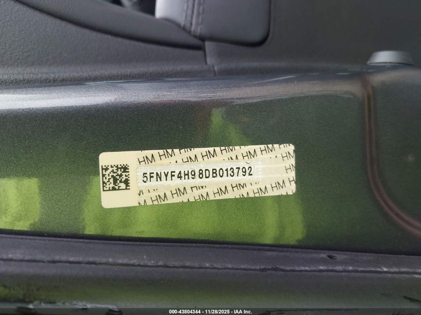 2013 Honda Pilot Touring VIN: 5FNYF4H98DB013792 Lot: 43804344