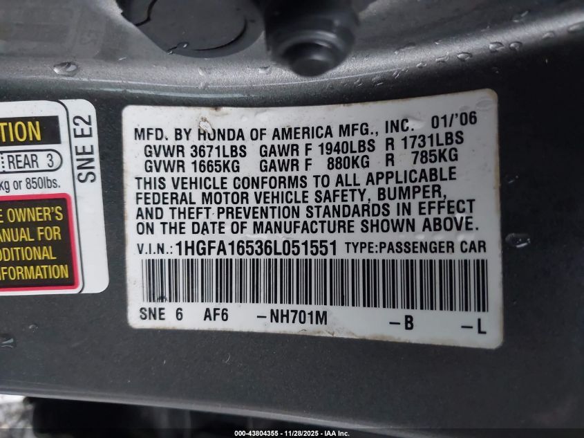2006 Honda Civic Lx VIN: 1HGFA16536L051551 Lot: 43804355