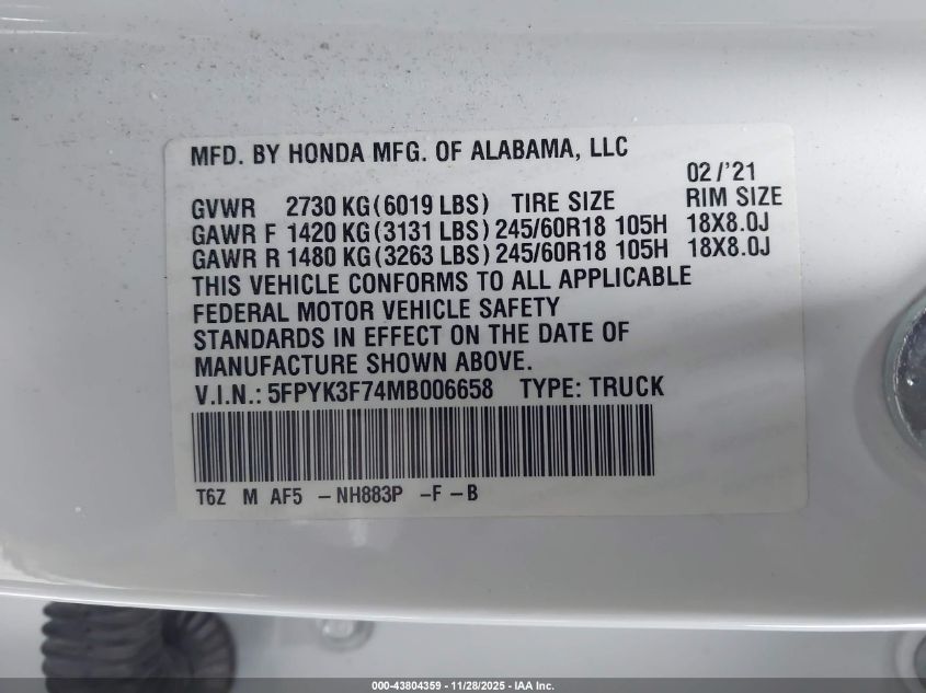 2021 Honda Ridgeline Rtl-E VIN: 5FPYK3F74MB006658 Lot: 43804359