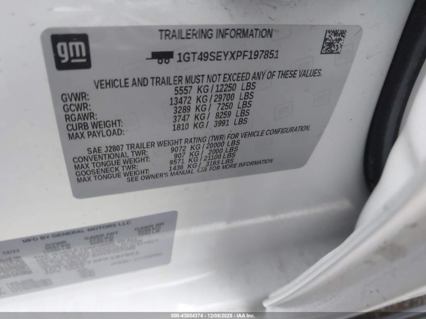 2023 GMC Sierra 3500Hd 4Wd Long Bed Pro VIN: 1GT49SEYXPF197851 Lot: 43804374