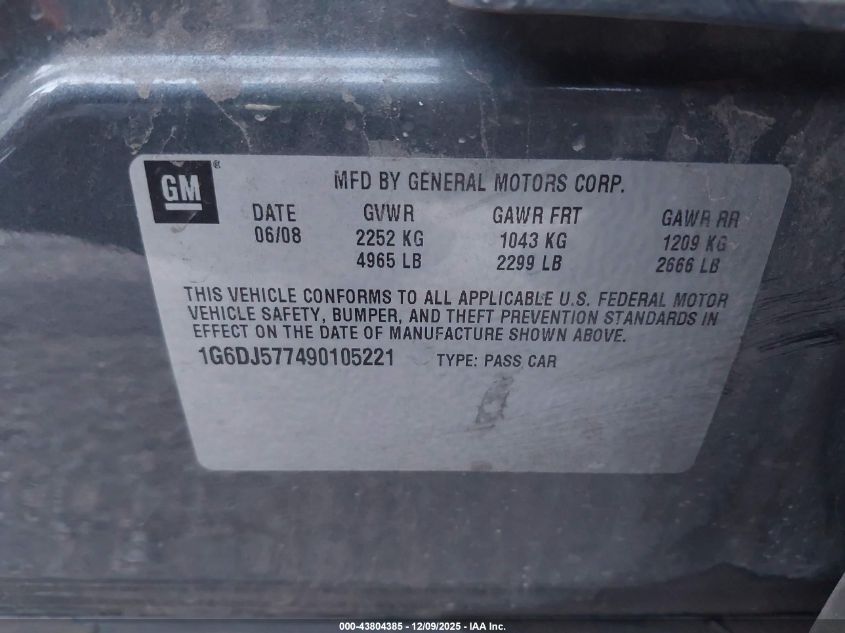 2009 Cadillac Cts Standard VIN: 1G6DJ577490105221 Lot: 43804385