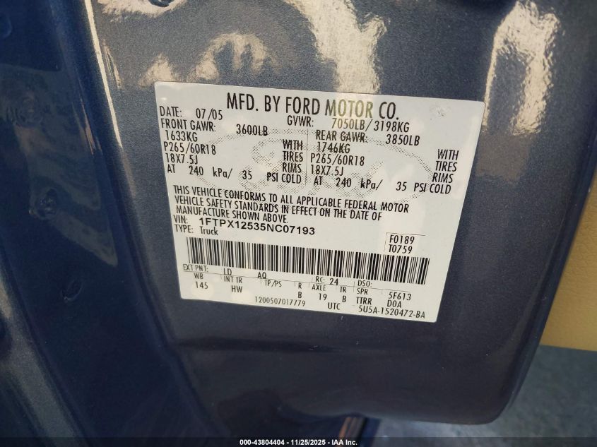 2005 Ford F-150 Lariat/Xl/Xlt VIN: 1FTPX12535NC07193 Lot: 43804404