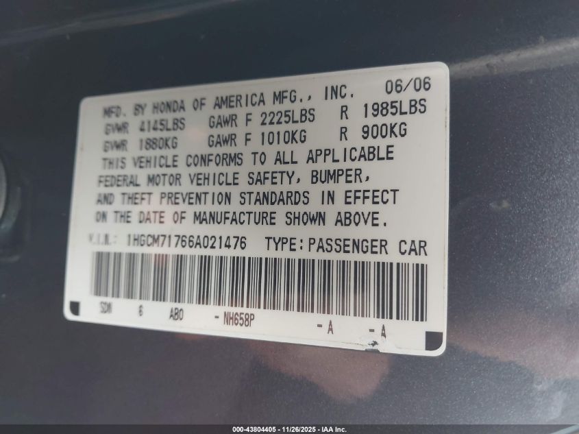 2006 Honda Accord 2.4 Ex VIN: 1HGCM71766A021476 Lot: 43804405