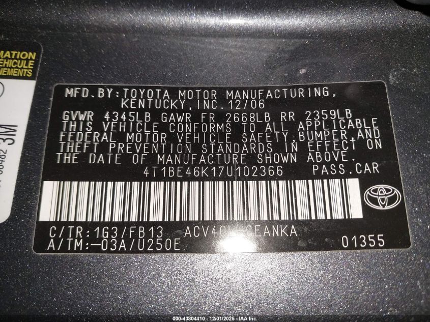 2007 Toyota Camry Le VIN: 4T1BE46K17U102366 Lot: 43804410