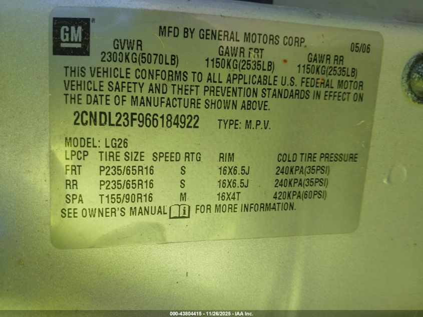 2006 Chevrolet Equinox Ls VIN: 2CNDL23F966184922 Lot: 43804415