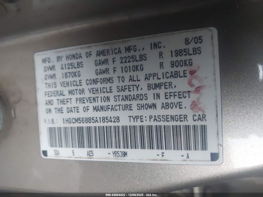 2005 Honda Accord 2.4 Ex VIN: 1HGCM56885A185428 Lot: 43804422