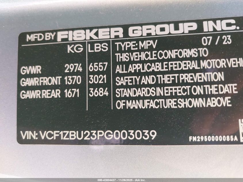 2023 Fisker Ocean One VIN: VCF1ZBU23PG003039 Lot: 43804437