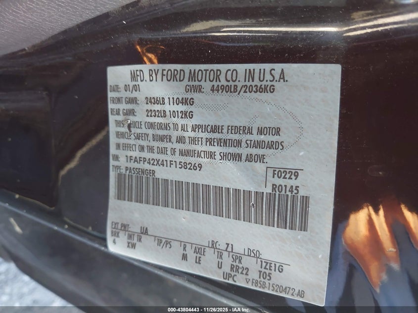 1FAFP42X41F158269 2001 FORD MUSTANG photo no. 9