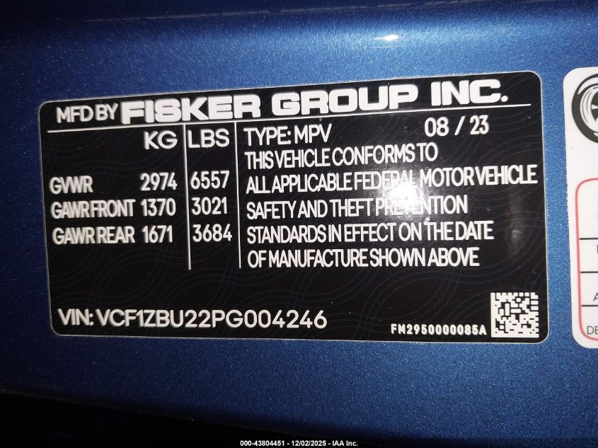 2023 Fisker Ocean One VIN: VCF1ZBU22PG004246 Lot: 43804451