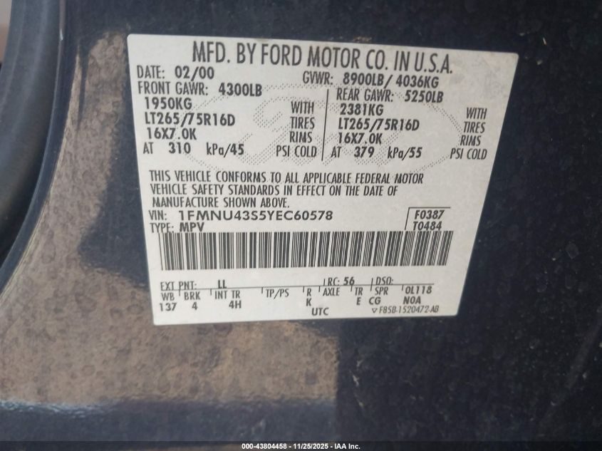 2000 Ford Excursion Limited VIN: 1FMNU43S5YEC60578 Lot: 43804458