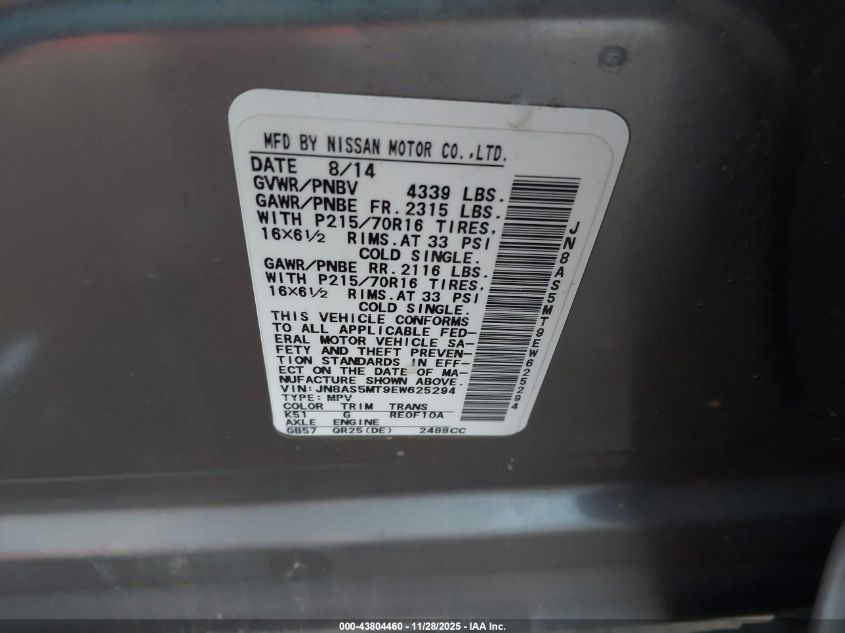 2014 Nissan Rogue Select S VIN: JN8AS5MT9EW625294 Lot: 43804460