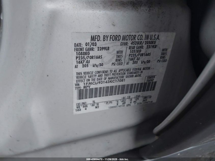 2003 Ford Escape Xlt VIN: 1FMCU93143KC17081 Lot: 43804470