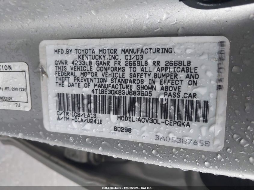 2003 Toyota Camry Xle VIN: 4T1BE30K83U683605 Lot: 43804496