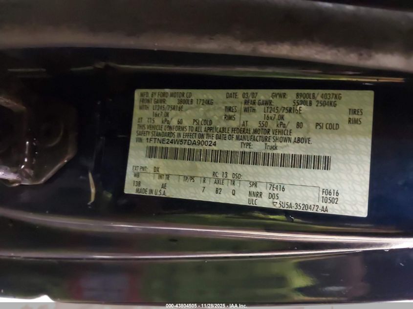 2007 Ford E-250 Commercial/Recreational VIN: 1FTNE24W57DA90024 Lot: 43804505