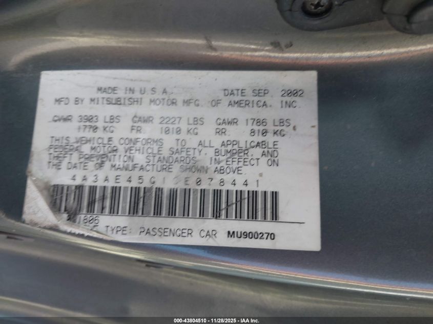 2003 Mitsubishi Eclipse Spyder Gs VIN: 4A3AE45G13E078441 Lot: 43804510