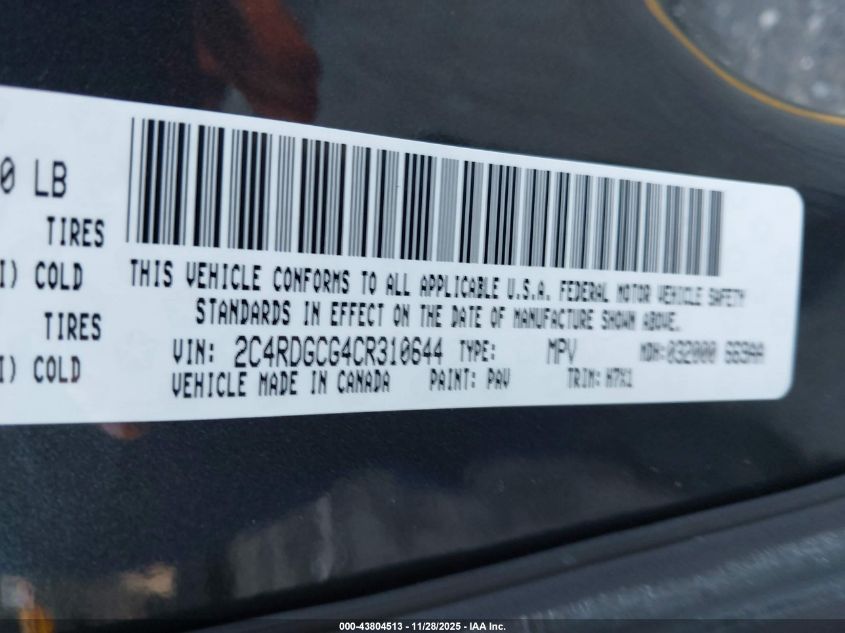 2012 Dodge Grand Caravan Sxt VIN: 2C4RDGCG4CR310644 Lot: 43804513