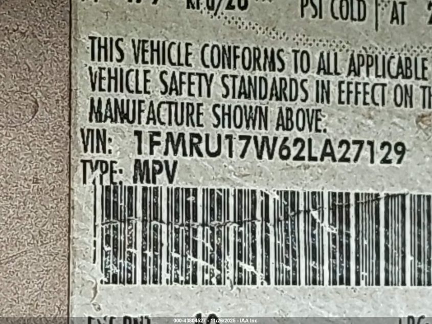 2002 Ford Expedition Eddie Bauer VIN: 1FMRU17W62LA27129 Lot: 43804527