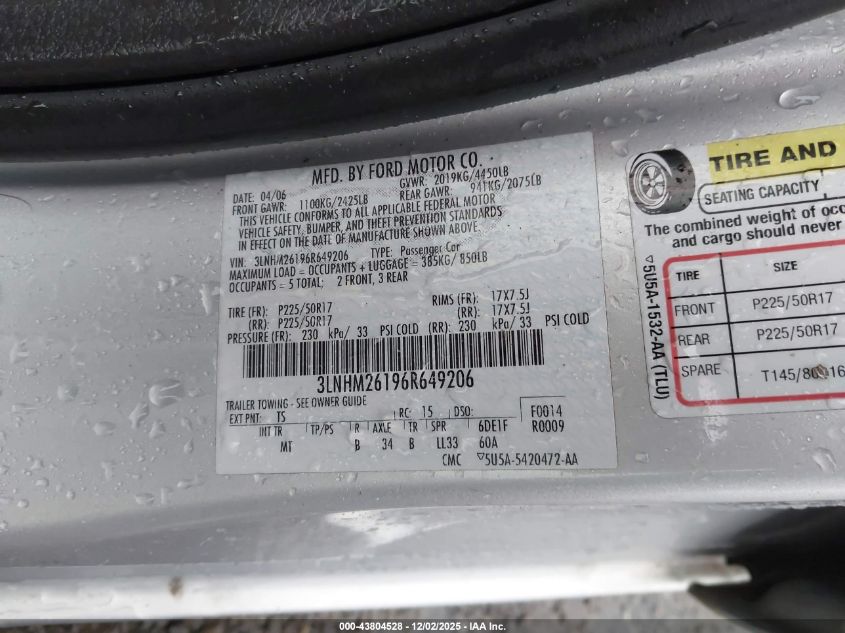 2006 Lincoln Zephyr VIN: 3LNHM26196R649206 Lot: 43804528