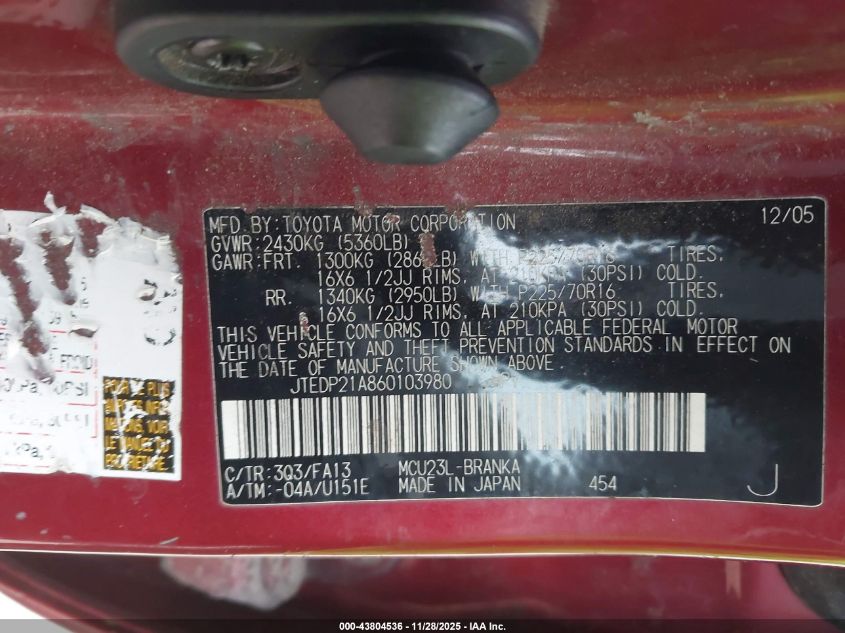 2006 Toyota Highlander V6 VIN: JTEDP21A860103980 Lot: 43804536