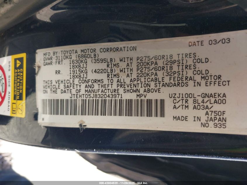 2003 Toyota Land Cruiser VIN: JTEHT05J832043971 Lot: 43804539