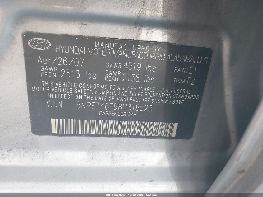 2008 Hyundai Sonata Gls V6 VIN: 5NPET46F98H318522 Lot: 43804542