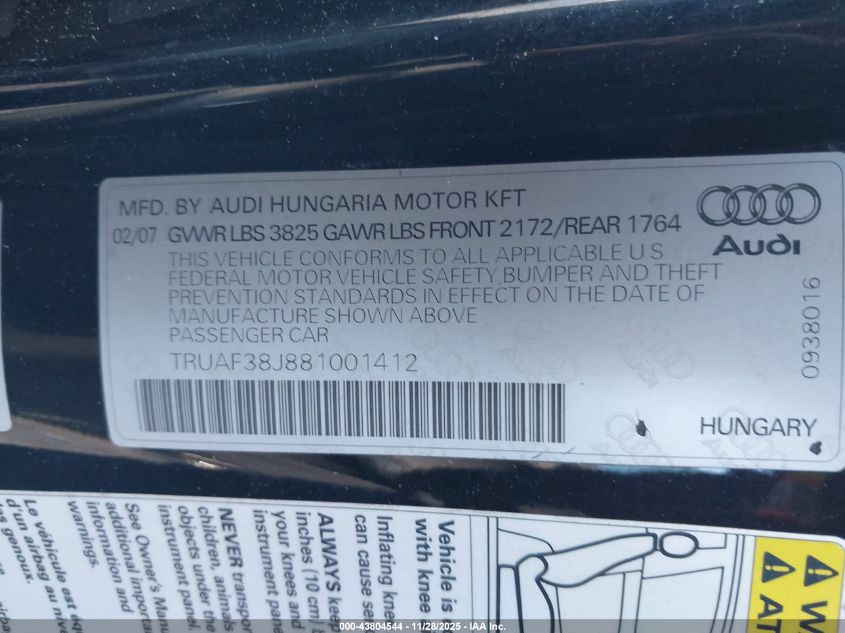 2008 Audi Tt 2.0T VIN: TRUAF38J881001412 Lot: 43804544