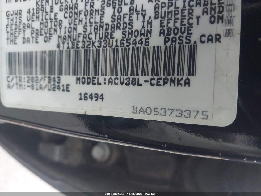 2003 Toyota Camry Le VIN: 4T1BE32K33U165446 Lot: 43804548