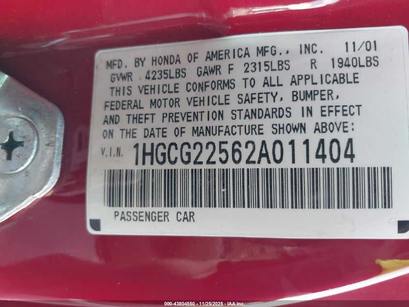 2002 Honda Accord 3.0 Ex VIN: 1HGCG22562A011404 Lot: 43804550