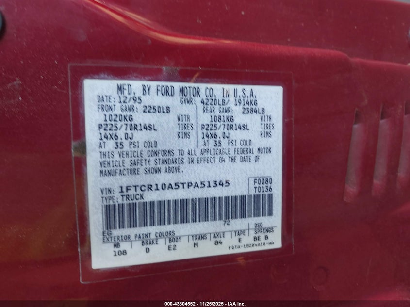 1996 Ford Ranger VIN: 1FTCR10A5TPA51345 Lot: 43804552