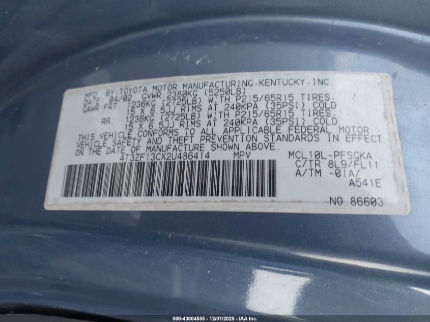 2002 Toyota Sienna Xle VIN: 4T3ZF13CX2U486414 Lot: 43804555