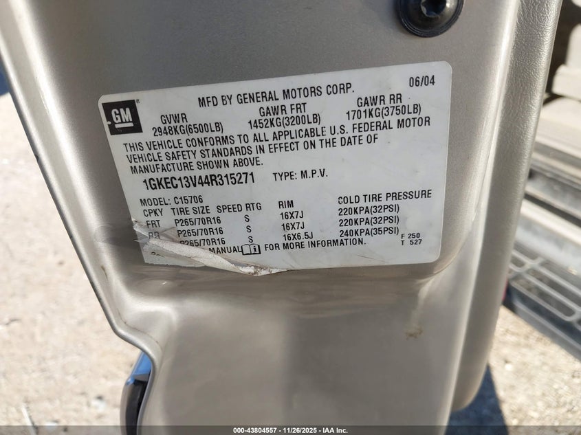 2004 GMC Yukon Sle VIN: 1GKEC13V44R315271 Lot: 43804557