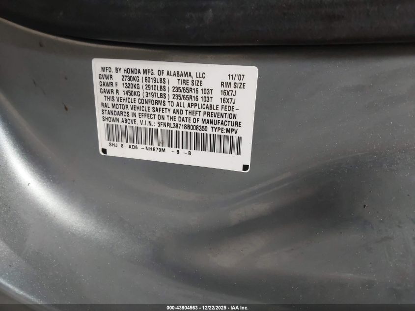 2008 Honda Odyssey Ex-L VIN: 5FNRL38718B008350 Lot: 43804563